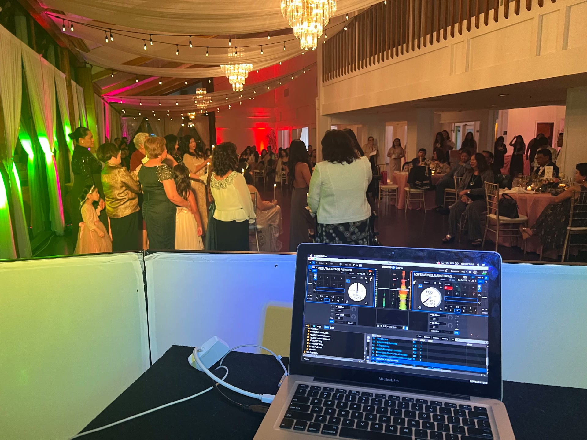 Quinceañera reception with candle ceremony, chandeliers, and colorful wash lights