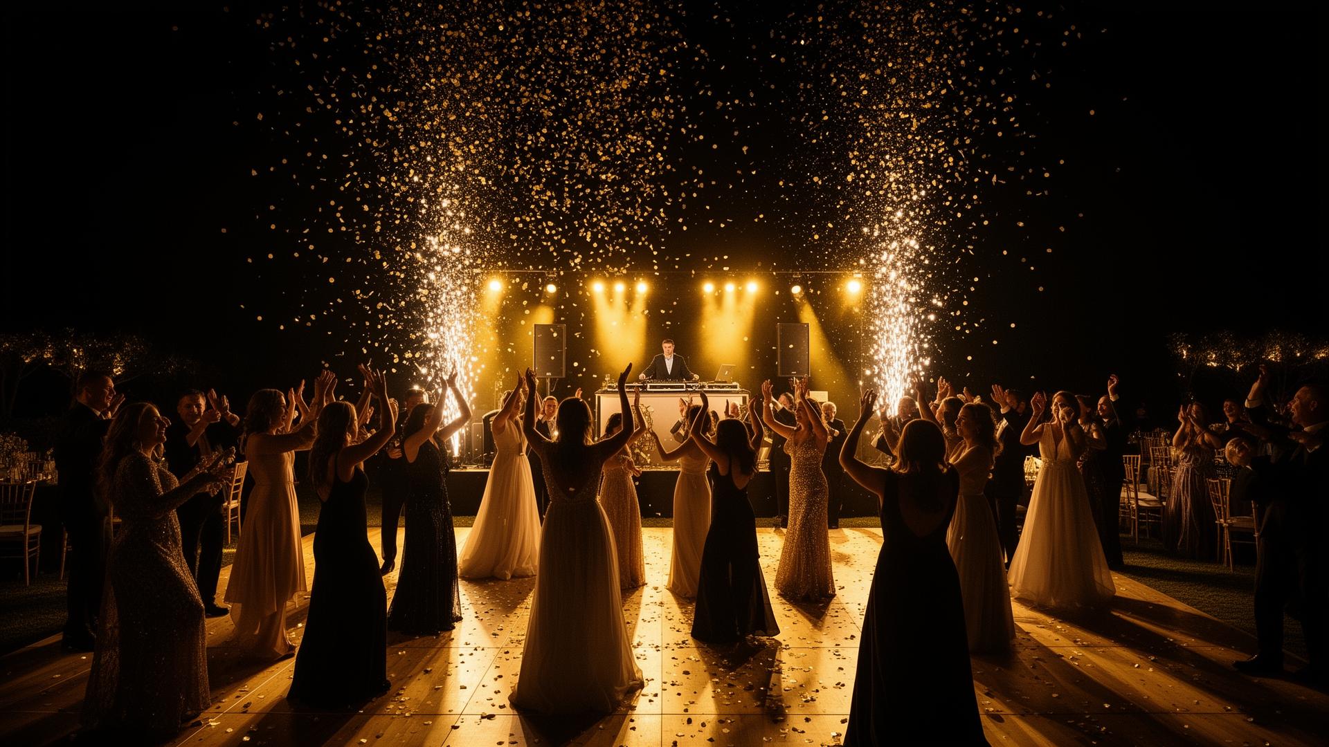 Wedding reception dance floor with gold uplighting and cold sparks